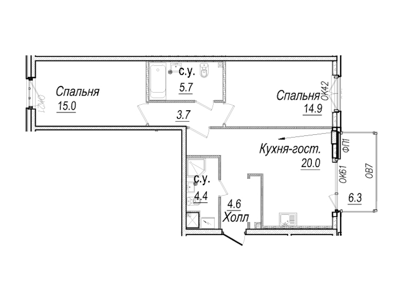 2-комнатная квартира 70.2 м², 3/8 эт., Комплекс апартаментов «Meltzer Hall»